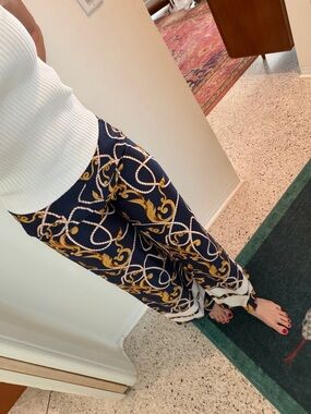 Masseys 6 wide leg side zip resort wear flowy navy gold pants